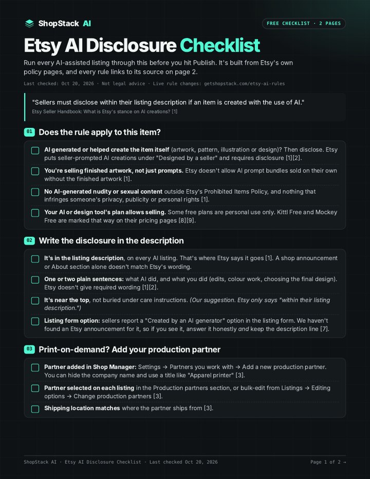 Page 1 of the ShopStack AI Etsy AI Disclosure Checklist: three sections of tick boxes on a dark background